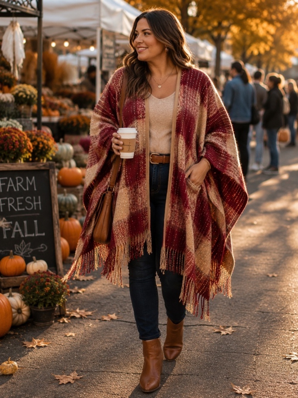 Torrid Burgundy Plaid Fringe Ruana Poncho Cozy Boho Wrap Women’s Cape OS